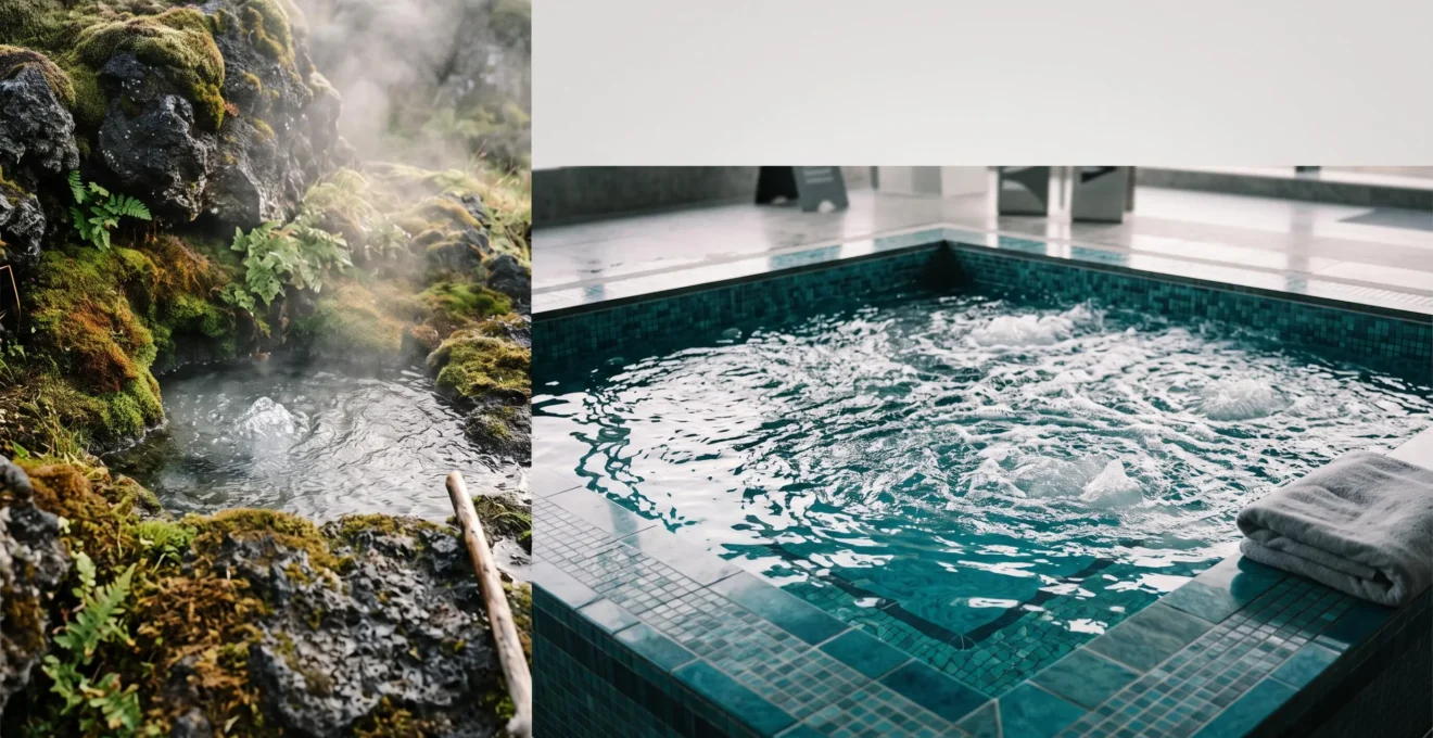 Composition symbolique opposant une source thermale naturelle brute à un jacuzzi d'hôtel décoratif