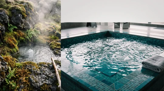 Composition symbolique opposant une source thermale naturelle brute à un jacuzzi d'hôtel décoratif