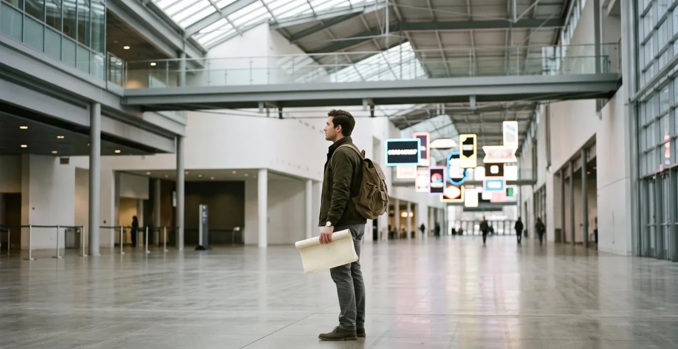 Un voyageur observe attentivement les stands lumineux d'un grand salon touristique pour orienter sa décision de voyage