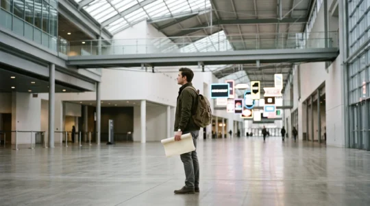 Un voyageur observe attentivement les stands lumineux d'un grand salon touristique pour orienter sa décision de voyage