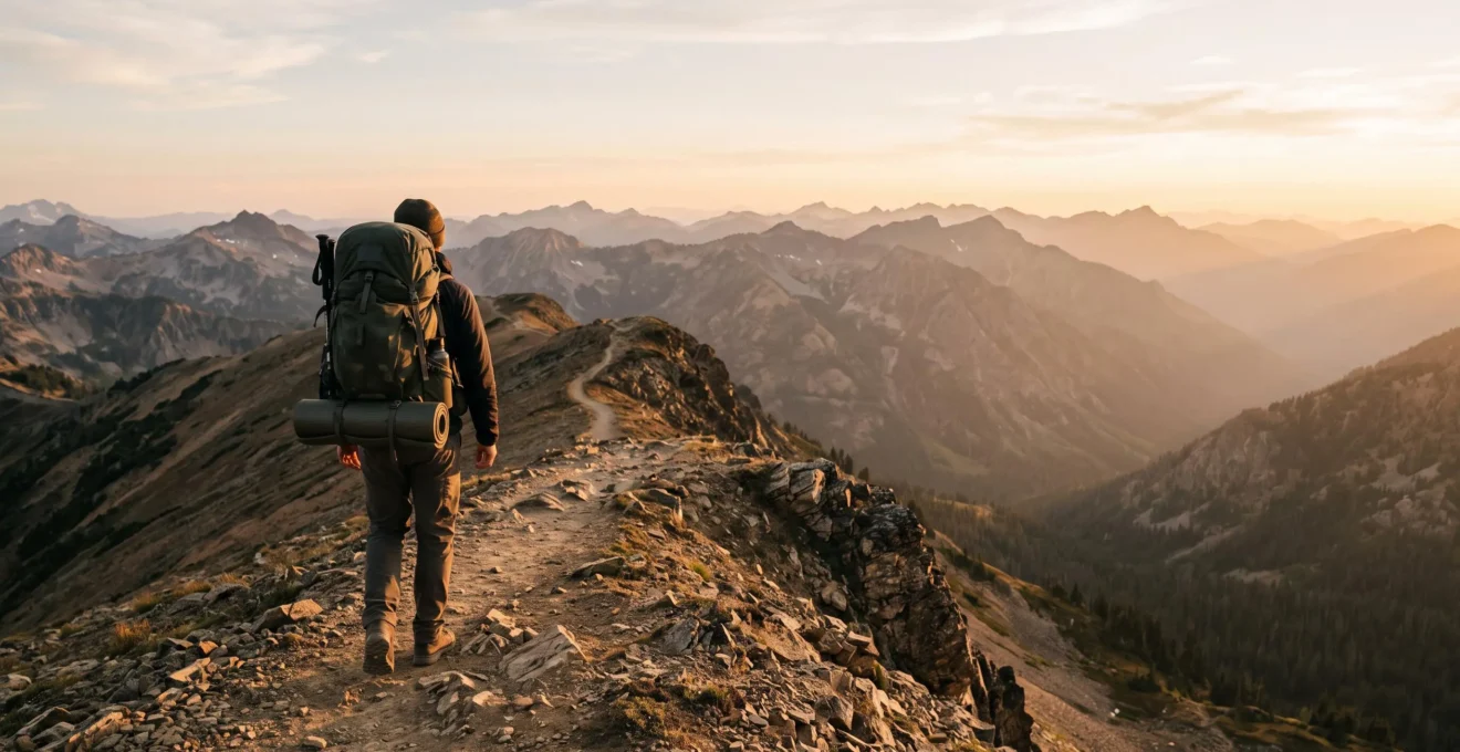Trekkeur solitaire avançant sur un sentier de montagne isolé avec un sac à dos chargé, symbole de l'autonomie en trek