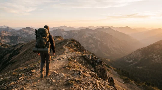 Trekkeur solitaire avançant sur un sentier de montagne isolé avec un sac à dos chargé, symbole de l'autonomie en trek
