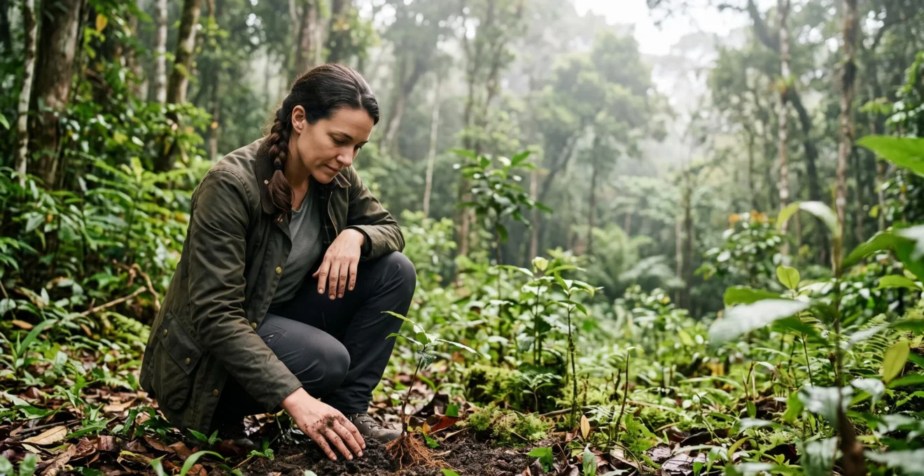 Voyageur examinant attentivement des racines et de la terre dans une forêt tropicale régénérée, symbole de vérification d'un impact écologique réel