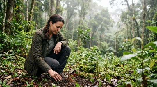 Voyageur examinant attentivement des racines et de la terre dans une forêt tropicale régénérée, symbole de vérification d'un impact écologique réel