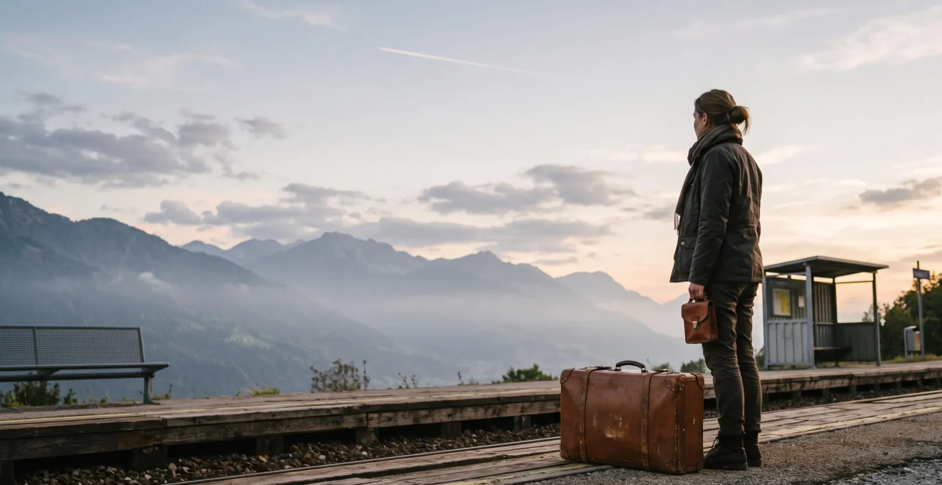 Voyageur contemplant un quai de train au lever du jour, valise à la main, symbolisant un choix de voyage plus sobre en carbone