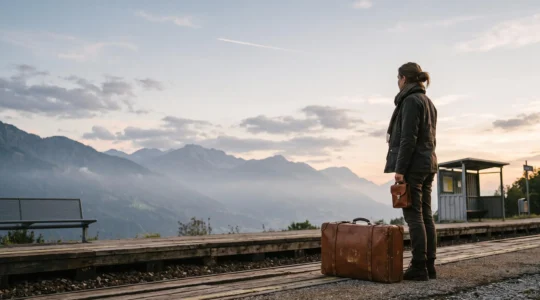 Voyageur contemplant un quai de train au lever du jour, valise à la main, symbolisant un choix de voyage plus sobre en carbone