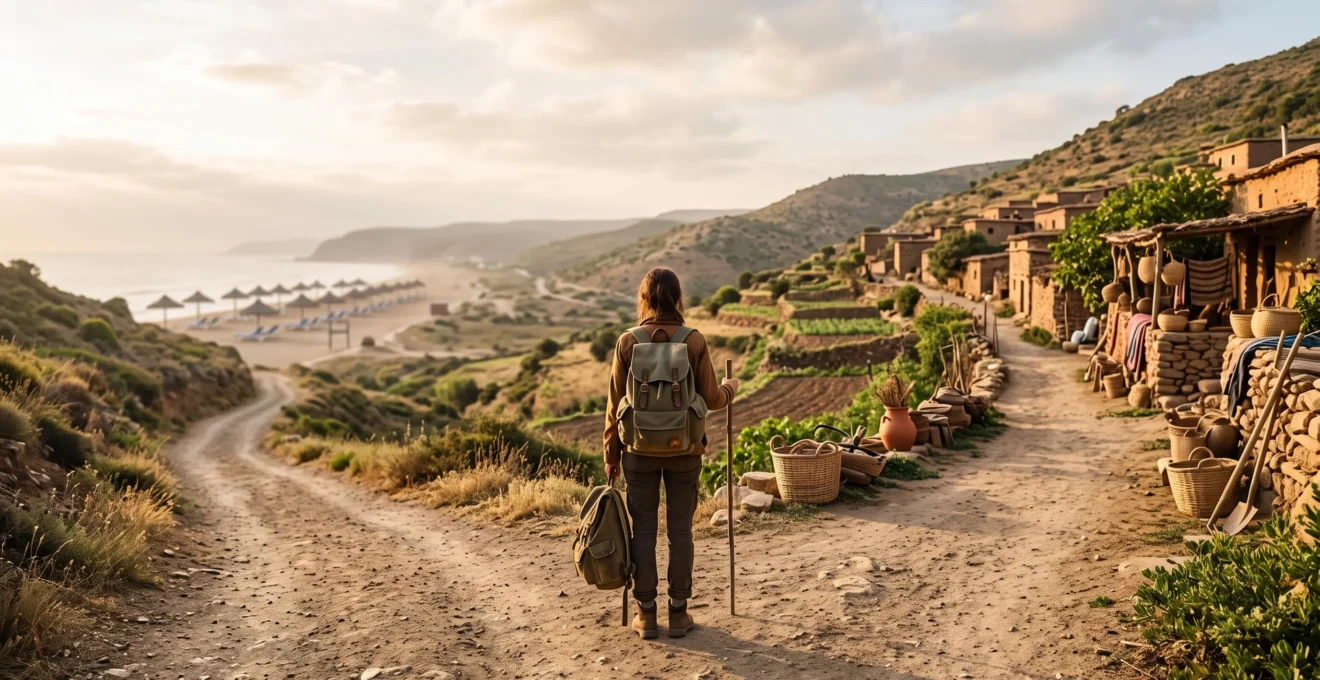 Un voyageur se tient à la croisée de deux chemins symbolisant le choix entre un tourisme standardisé et un tourisme responsable authentique