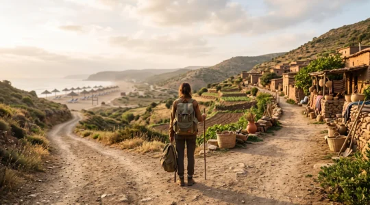 Un voyageur se tient à la croisée de deux chemins symbolisant le choix entre un tourisme standardisé et un tourisme responsable authentique