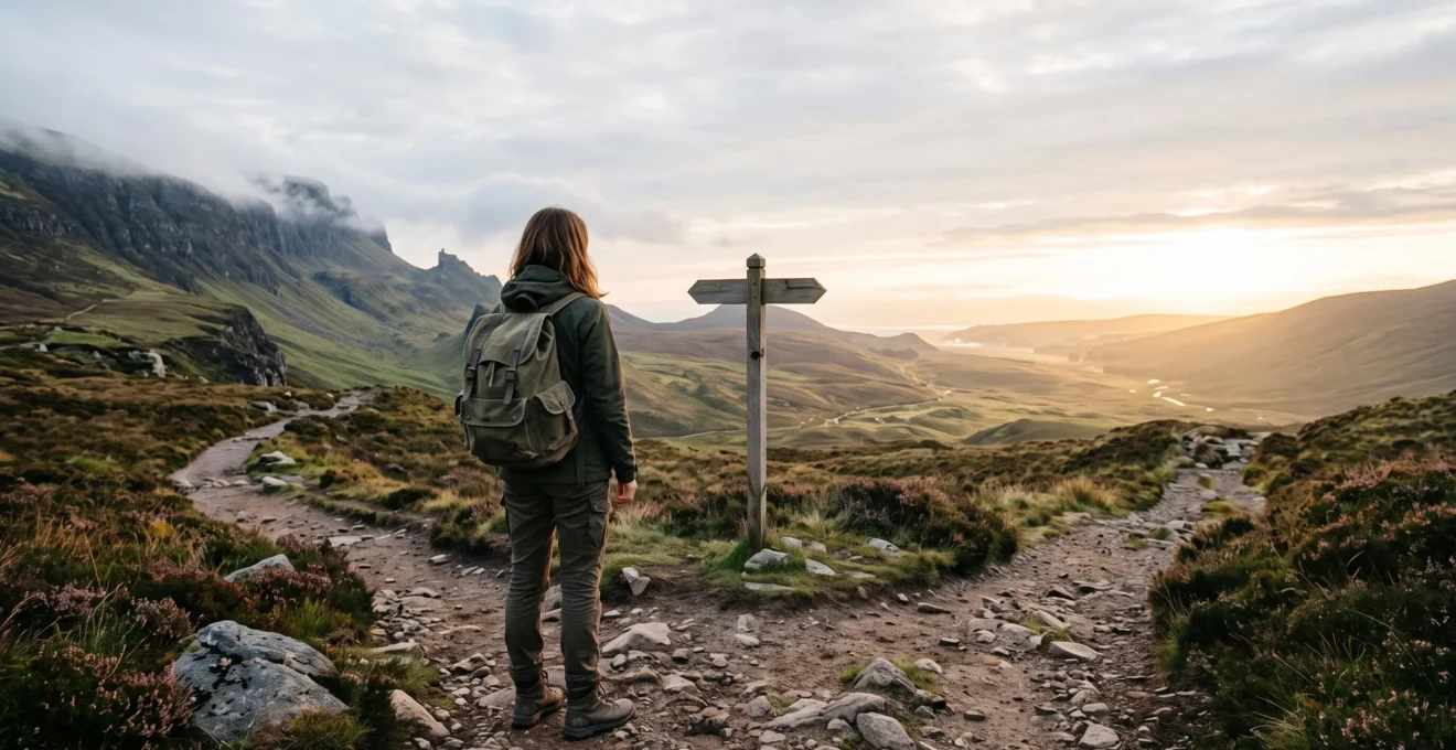 Un voyageur solitaire observe deux sentiers divergents dans un paysage naturel au lever du jour, symbolisant les choix de voyage à venir