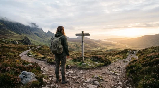 Un voyageur solitaire observe deux sentiers divergents dans un paysage naturel au lever du jour, symbolisant les choix de voyage à venir