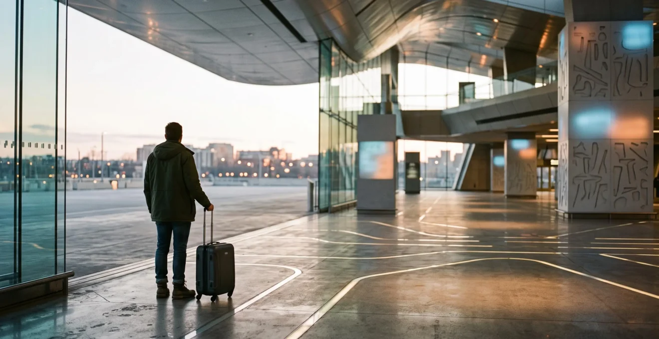 Silhouette d'un voyageur contemplant un hall de transit futuriste symbolisant les innovations TravelTech de demain