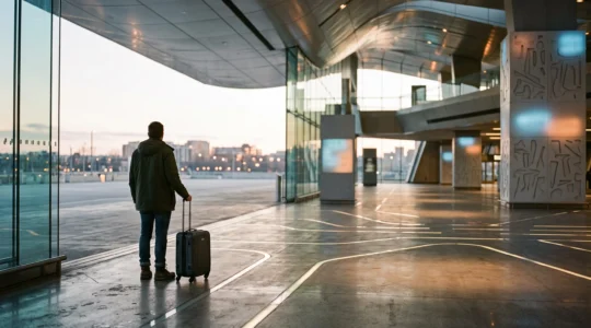 Silhouette d'un voyageur contemplant un hall de transit futuriste symbolisant les innovations TravelTech de demain