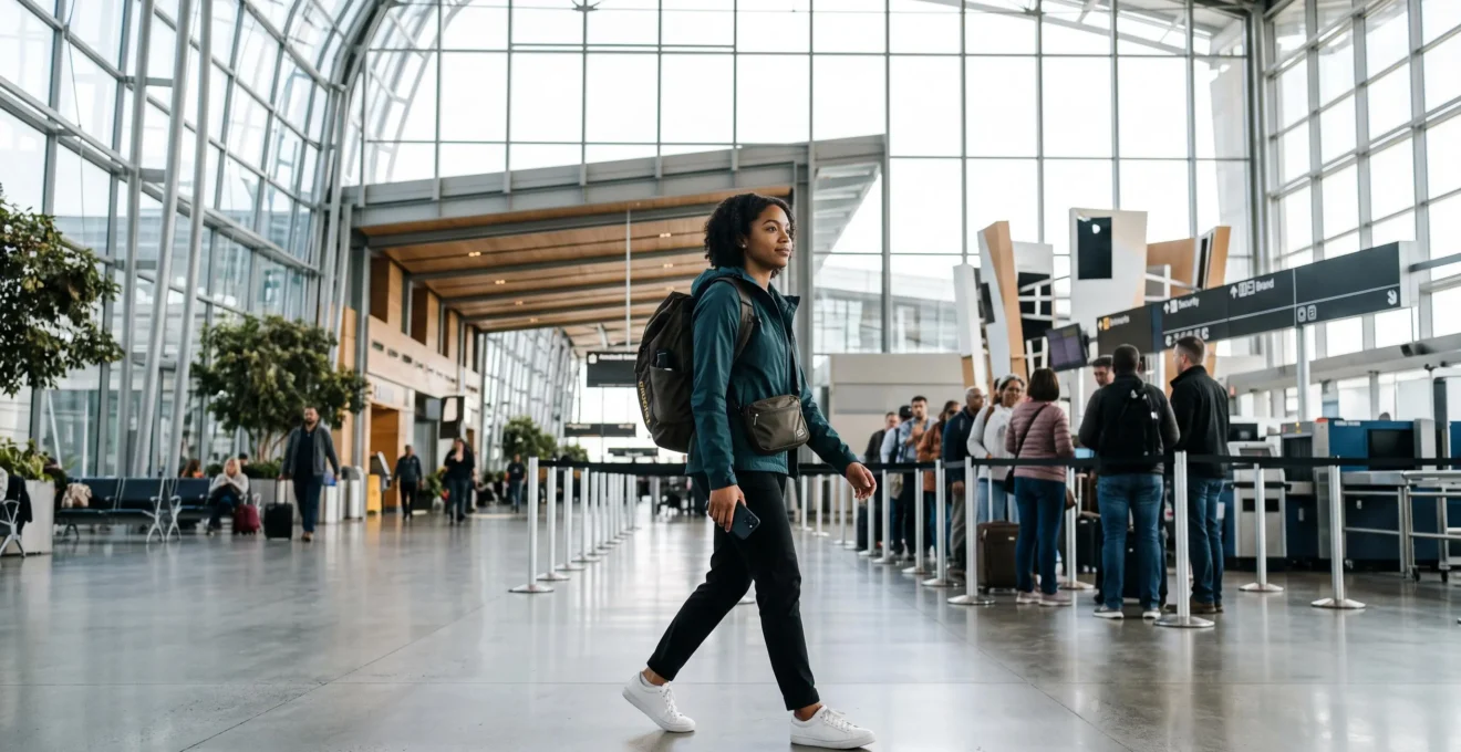Voyageur traversant sereinement un controle de securite d'aeroport moderne avec sa carte d'embarquement prete