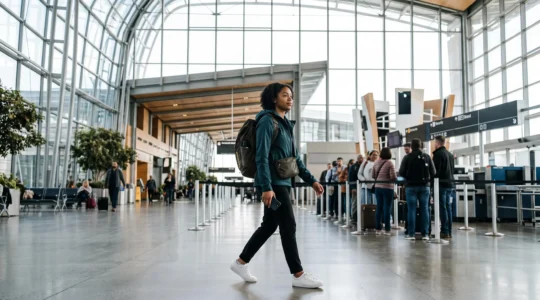 Voyageur traversant sereinement un controle de securite d'aeroport moderne avec sa carte d'embarquement prete