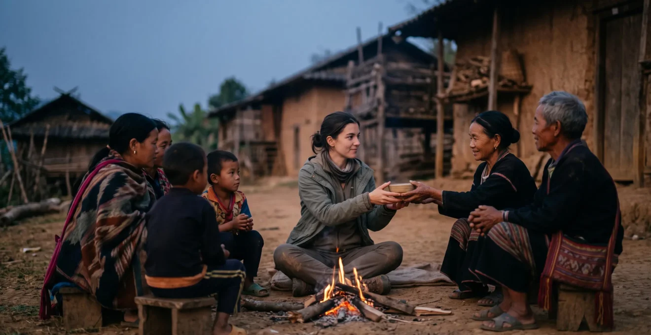 Voyageur assis parmi des habitants lors d'un moment de partage traditionnel, dans une posture d'écoute et de respect plutôt que d'observation distante.