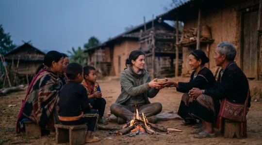 Voyageur assis parmi des habitants lors d'un moment de partage traditionnel, dans une posture d'écoute et de respect plutôt que d'observation distante.