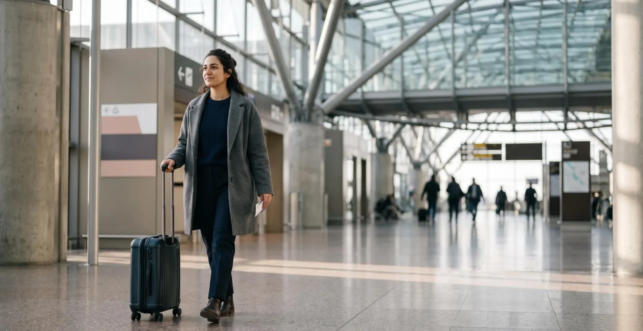 Voyageur confiant traversant un hall d'aéroport, symbolisant l'accès instantané et serein à ses documents de voyage sans connexion internet