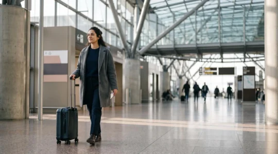 Voyageur confiant traversant un hall d'aéroport, symbolisant l'accès instantané et serein à ses documents de voyage sans connexion internet