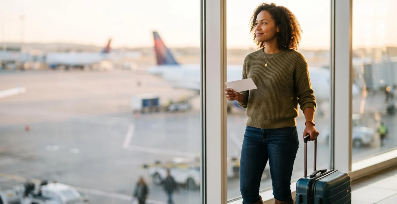 Voyageur souriant tenant une carte d'embarquement vierge devant une baie vitrée d'aéroport, symbole d'une réservation maîtrisée et économique