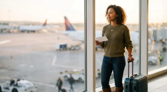 Voyageur souriant tenant une carte d'embarquement vierge devant une baie vitrée d'aéroport, symbole d'une réservation maîtrisée et économique