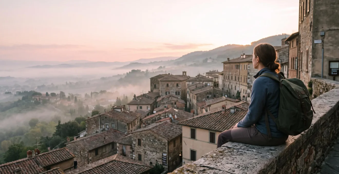 Voyageur détendu observant un panorama de toits européens au lever du soleil, symbolisant un circuit équilibré