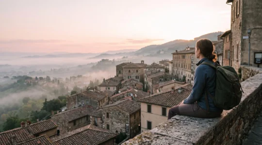 Voyageur détendu observant un panorama de toits européens au lever du soleil, symbolisant un circuit équilibré