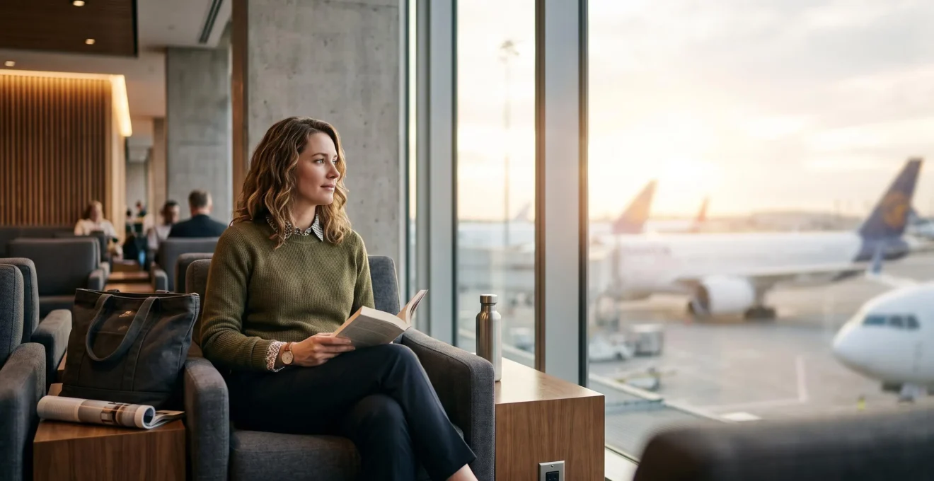 Voyageur installé confortablement dans un aéroport moderne, profitant sereinement de son temps d'escale entre deux vols
