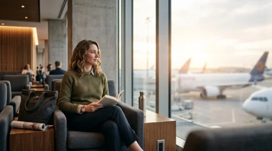 Voyageur installé confortablement dans un aéroport moderne, profitant sereinement de son temps d'escale entre deux vols